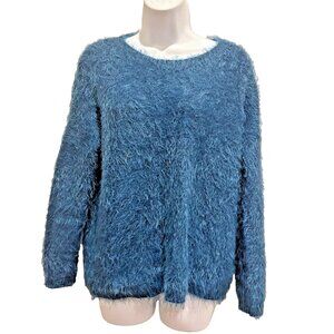 Kye Mi Crew neck line sleeve fuzzy Peacock blue sweater, M